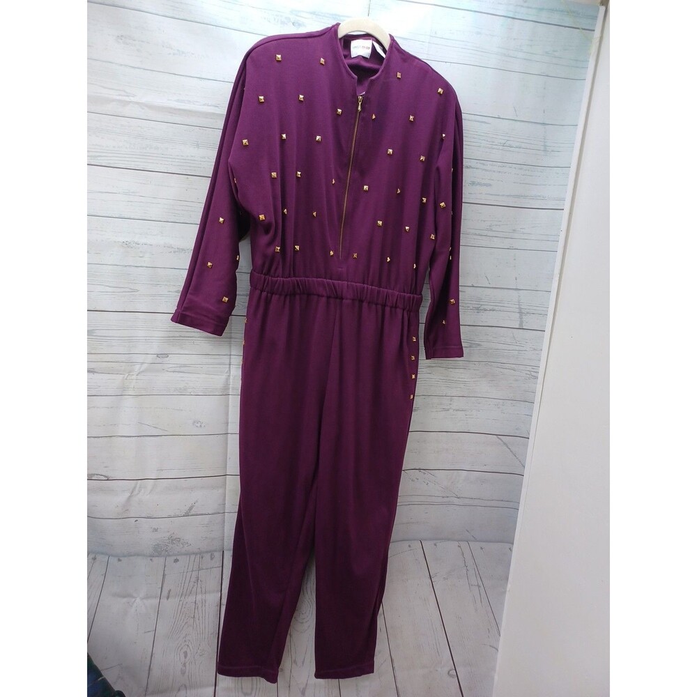 Styles To Go Jumpsuit Burgundy Purple Long Sleeve Stretch Studded Sz M